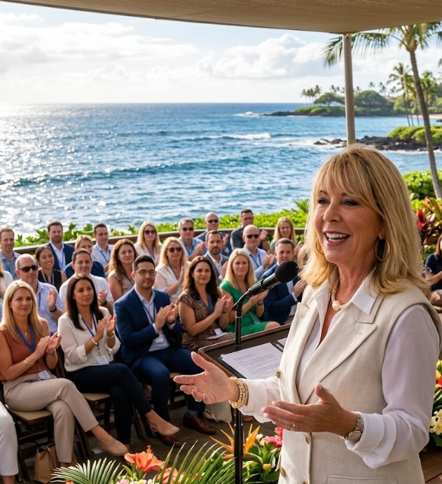 Wendi LeVigne leading an interactive workshop for an audience at an oceanfront Maui venue
